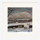 Lake District art framed print Being Watched Above Ambleside by local artist Jeff Sudders. Sheep in snowy fields are watched by a sheepdog.
