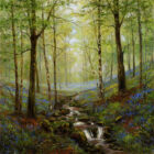Lake District art print Bluebell Wood by local artist Jeff Sudders. Sunlight filters through woodland onto bluebells and stream.