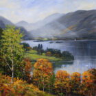 Lake District art print by local artist Jeff Sudders. View in north Cumbria of Derwentwater looking to the south end of the lake at Borrowdale in Autumn. You can see the forms of King's How, Allen Crags, Castle Crags, Great End, Scafell Pike and Nitting Haws. The viewer is possibly looking south from Ashness, as it is a higher viewpoint than the shore.