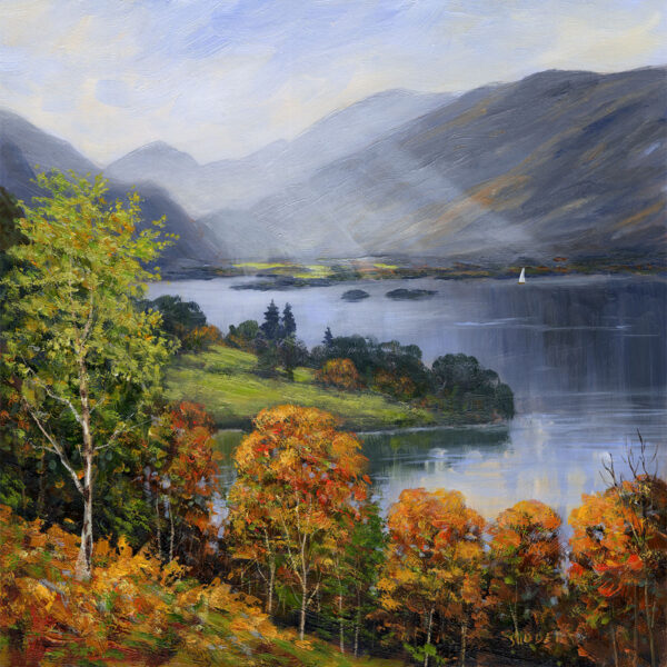 Lake District art print by local artist Jeff Sudders. View in north Cumbria of Derwentwater looking to the south end of the lake at Borrowdale in Autumn. You can see the forms of King's How, Allen Crags, Castle Crags, Great End, Scafell Pike and Nitting Haws. The viewer is possibly looking south from Ashness, as it is a higher viewpoint than the shore.