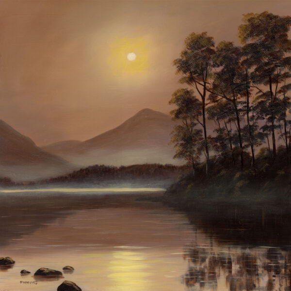 Lake District art print Friar's Crag by local artist Jeff Sudders. Moonlight over Friar's Crag and mountains is reflected in Derwentwater in warm brown and yellow hues.