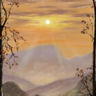 Lake District art print by local artist Jeff Sudders. A scene of a sun setting down; Lake Ulswater in the foreground and some mountains in the background; colours are mainly yellow and blue.