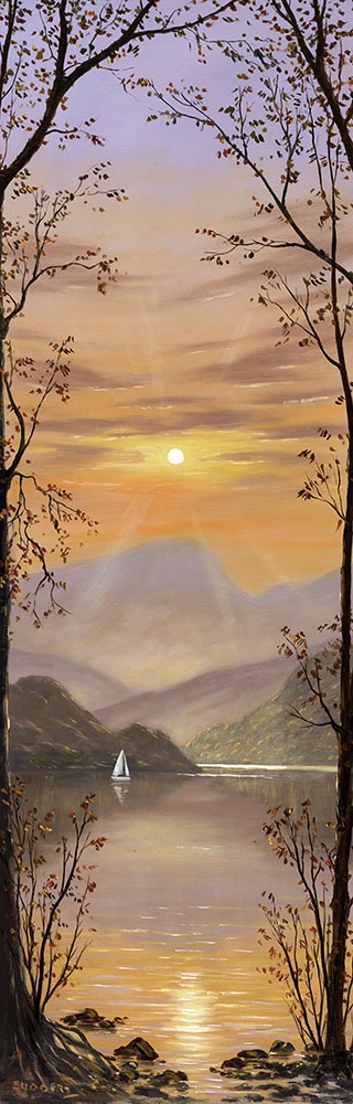 Lake District art print by local artist Jeff Sudders. A scene of a sun setting down; Lake Ulswater in the foreground and some mountains in the background; colours are mainly yellow and blue.