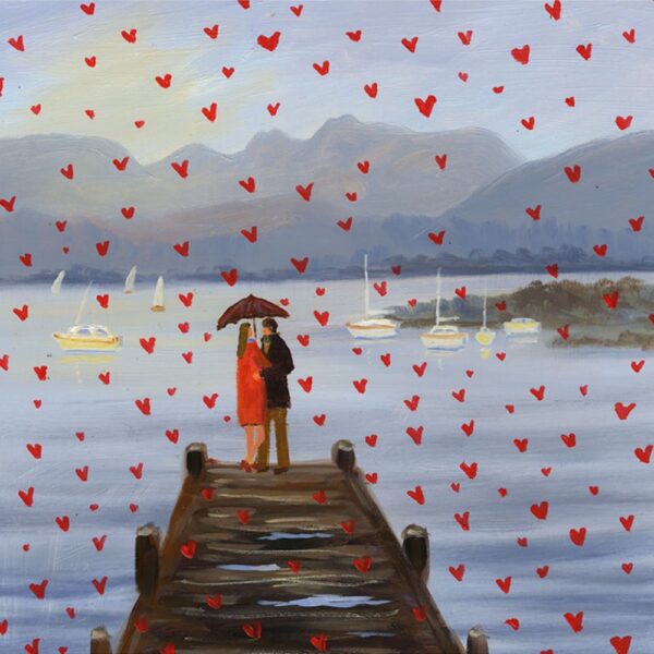 Lake District art print Love in the Lakes Low Wood by local artist Jeff Sudders. A couple stand on the jetty and red hearts fall from the sky.