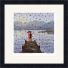Lake District art framed print Love in the Lakes Low Wood by Jeff Sudders. A couple are showered with love hearts whilst standing on the jetty.