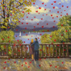 Lake District art print Love on the Terrace, Langdale Chase by Jeff Sudders of a couple hugging each other overlooking the lake at Windermere with the Langdale Pikes in the background and red hearts rain from the sky.