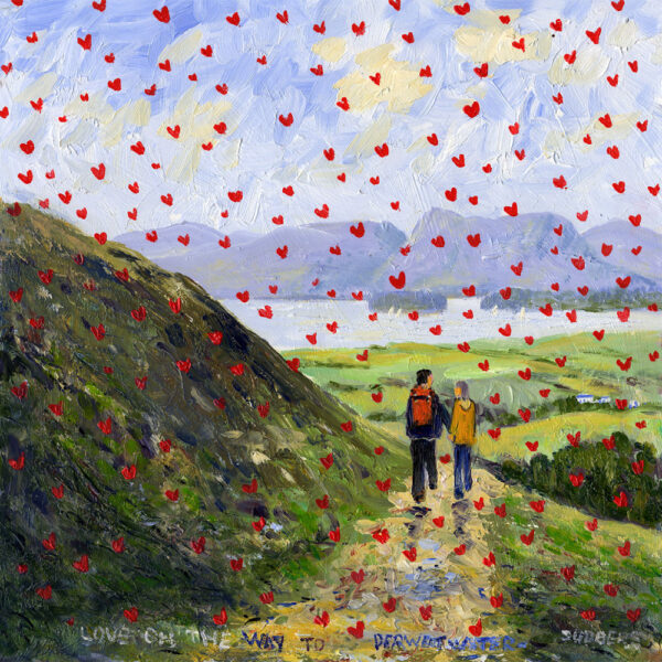 Lake District art print Love on the Way to Derwentwater by local artist Jeff Sudders. A couple walk along a path in the hills towards Derwentwater whilst red hearts rain from the sky.