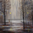 Lake District art print Precious Moments by local artist Jeff Sudders. A couple stand together in the rain by moonlight and lamplight by the lake, jetty and trees.