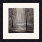 Lake District art framed print of Precious Moments by Jeff Sudders. A couple shelter under an umbrella in lamplight amongst trees.
