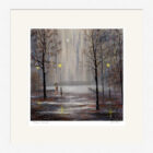 Lake District art framed print Precious Moments by Jeff Sudders. Figures with an umbrella in the lamplight amongst trees.