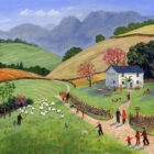 Lake District art print Tea for Two in the Lake District by local artist Jeff Sudders. Naive style walkers and sheep in the Lakeland fells with farmhouse and Langdale Pikes.
