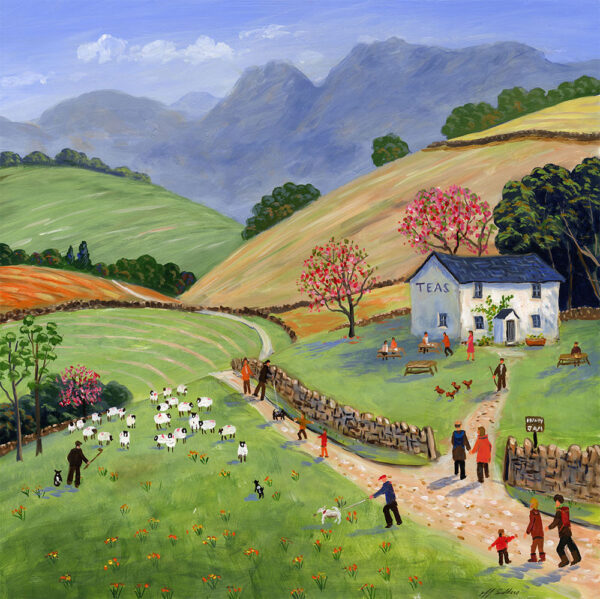 Lake District art print Tea for Two in the Lake District by local artist Jeff Sudders. Naive style walkers and sheep in the Lakeland fells with farmhouse and Langdale Pikes.