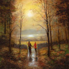 Lake District art The Happy Wanderers by local artist Jeff Sudders. A couple walk hand in hand through a sunlight woodland at Windermere with autumnal colours.