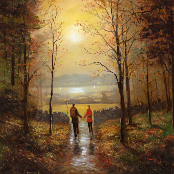 Lake District art The Happy Wanderers by local artist Jeff Sudders. A couple walk hand in hand through a sunlight woodland at Windermere with autumnal colours.