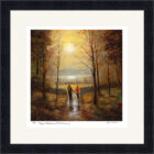 Lake District art framed print The Happy Wanderers Windermere by Jeff Sudders. A couple walk hand in hand through an autumnal woodland.