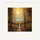 Lake District Art framed print The Happy Wanderers Windermere by Jeff Sudders. A couple walk hand in hand amongst trees.