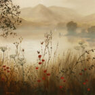 Lake District art print The Promise of a New Day at Grasmere by local artist Jeff Sudders. Soft muted tones with hazy mountains in the distance and wildflowers on the lake shore.