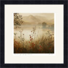 Lake District art framed print The Promise of a New Day at Grasmere by Jeff Sudders. Rydal Water, distant mountains and flowers in the foreground in a soft, muted colour palette.