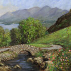 Lake District art print Wild Roses at Ashness Bridge by local artist Jeff Sudders. The river runs down to Derwentwater through green trees and fields with the mountains in the distance.