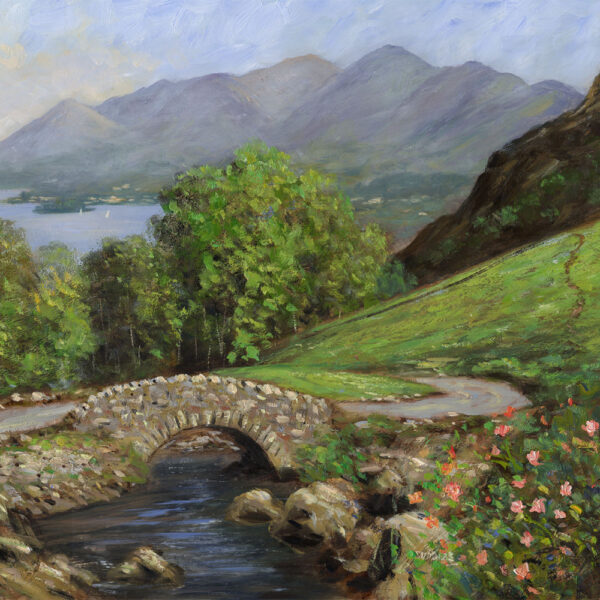 Lake District art print Wild Roses at Ashness Bridge by local artist Jeff Sudders. The river runs down to Derwentwater through green trees and fields with the mountains in the distance.