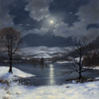 Lake District art print Winter Moonlight at Rydal by local artist Jeff Sudders. The moon is visible through clouds in a dark blue sky and reflected in Rydal Water surrounded by snowy ground and mountains.