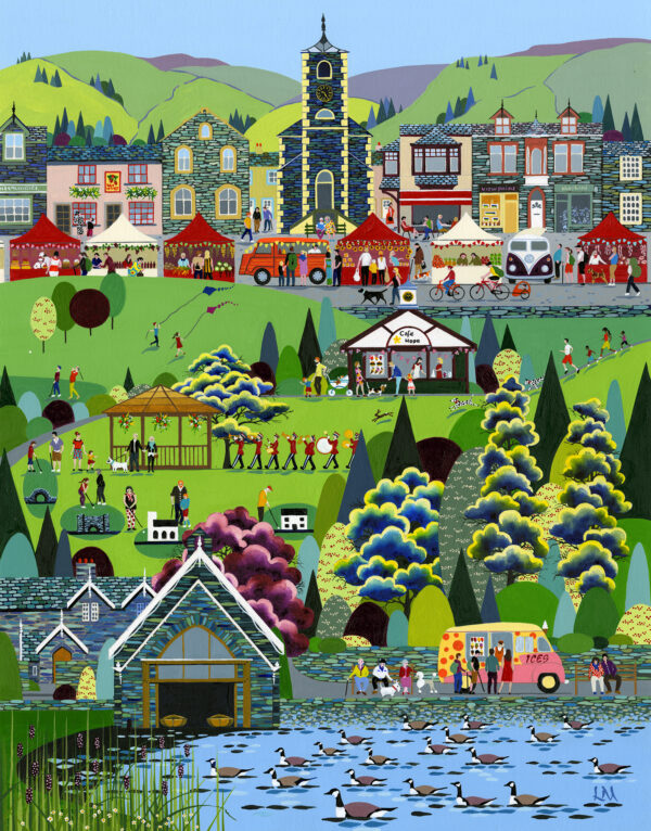 Lake District art by Linda Mellin. Keswick features: Moot Hall/ Market Square with Allerdale Farmers Market/ Relish Cafe/ Hope Park with Mini Golf/ Derwentwater. all in bright colours