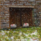 Lake District art print A Bit of Shelter by local artist Jeff Sudders. Two sheep with red markings shelter under barn doors whilst snow falls onto the fields.