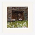 Lake District art framed print A Bit of Shelter by local artist Jeff Sudders in a white frame. Sheep huddle under a barn door to shelter from the snow.