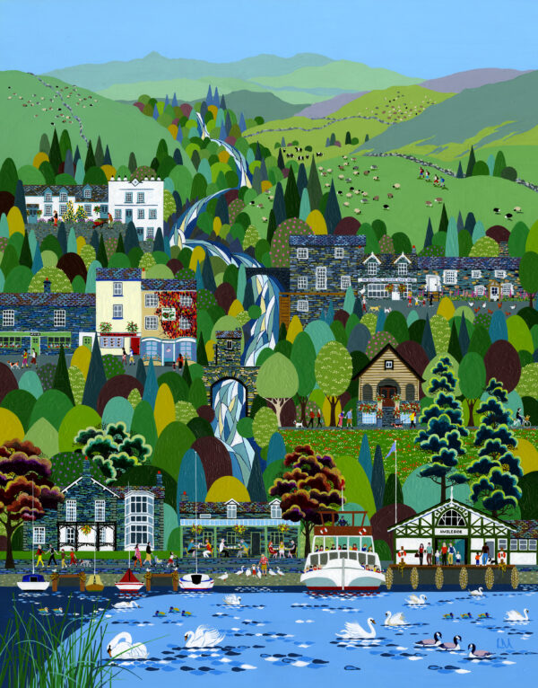Lake District art by Linda Mellin. Ambleside features: Stock Ghyll Force/ Bridge House/ The Apple Pie Cafe/ Log House Restaurant/ Waterhead Hotel/ Pier and Cafe/ Windermere Lake Cruises
