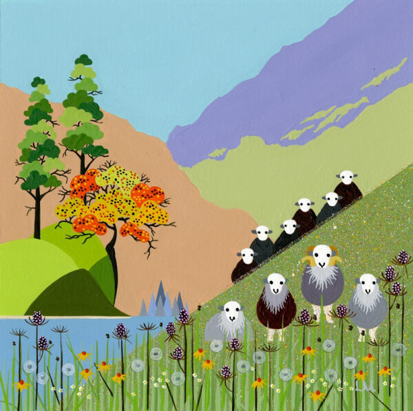 Lake District art by Linda Mellin. Herdwick sheep on a hillside in autumn with matured lambs and autumnal foliage and orange leaves on the tree