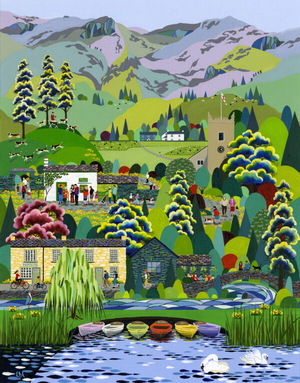 Lake District art by Linda Mellin. Grasmere features: Dove Cottage/ St Oswalds Church/ River Rothay/ Wordsworth Daffodil Garden/ Sarah Nelson's Gingerbread Shop/ Tea Gardens/ Church Stle