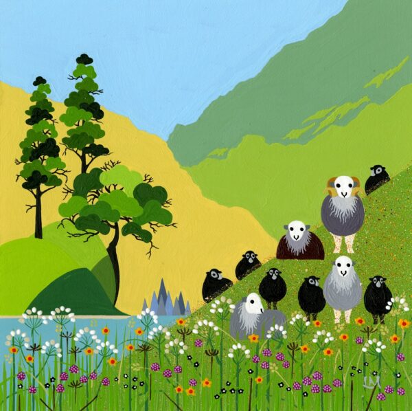 Lake District art by Linda Mellin. Herdwick sheep on a hillside in summer with maturing lambs and wildflowers