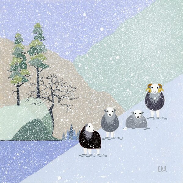 Lake District art by Linda Mellin. Herdwick sheep and ram in winter on a snow covered hill with snow falling in pale blue cool tones in a contemporary style.