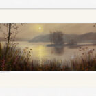 Lake District art framed print Dawn at Waterhead Windermere by local artist Jeff Sudders in a white frame.