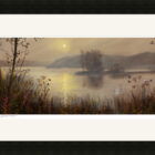 Lake District art framed print Dawn at Waterhead by local artist Jeff Sudders in a black frame.