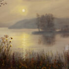 Lake District art print Dawn at Waterhead Windermere by local artist Jeff Sudders. Hazy golden sunlight over the lake and mountains in shades of warm browns.