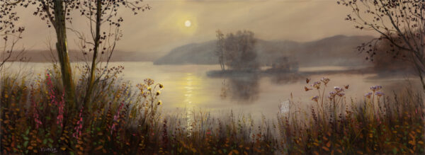 Lake District art print Dawn at Waterhead Windermere by local artist Jeff Sudders. Hazy golden sunlight over the lake and mountains in shades of warm browns.