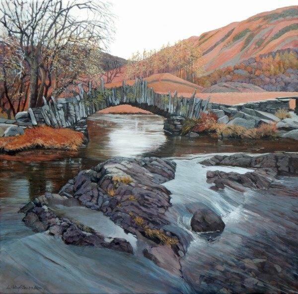 Slaters Bridge at Little Langdale next to Cathedral Caverns. Ambleside in the Lake district ART painting by Libby Edmondson, Lake District, UK. Water passing under bridge acrylic painting. Autumn