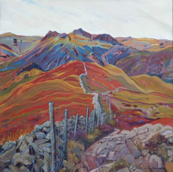 The Wall painting by Libby Edmondson. The Langdale Pikes from Lingmoor in the English Lake District with a slate wall intersecting between Harrisons Stickle and the Pike of Blisco. Cumbria, UK. Acrylic painting by British artist.