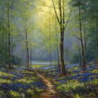Lake District art print The Woods in Spring by local artist Jeff Sudders. Soft sunlight filters through woodland trees onto a path and carpet of bluebells.