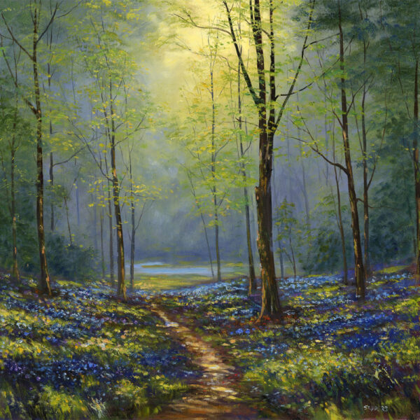 Lake District art print The Woods in Spring by local artist Jeff Sudders. Soft sunlight filters through woodland trees onto a path and carpet of bluebells.