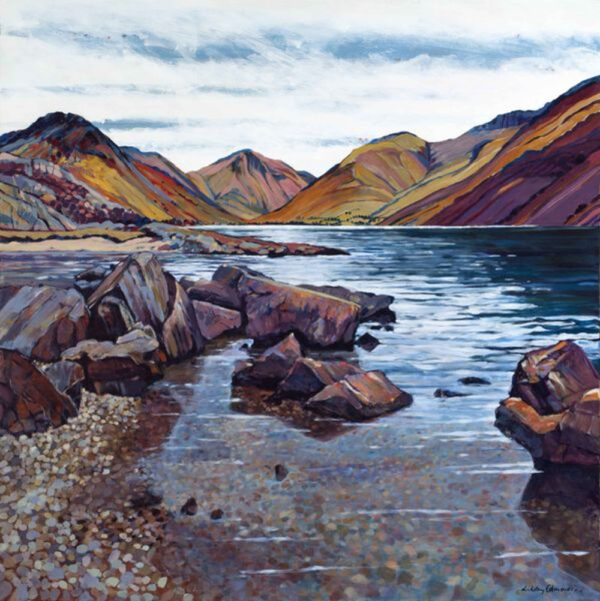 Art print by Lake District artist Libby Edmondson of Wastwater featuring the deepest lake with yewbarrow great gable and scafell in red purple tones