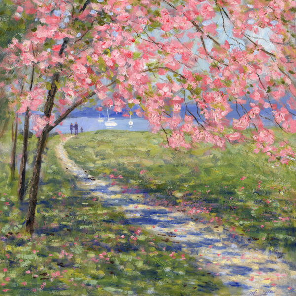 Lake District art print Borrans Park by local artist Jeff Sudders. A pink blossom tree hangs over a path by Windermere.