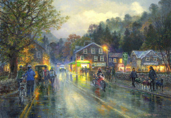 Open edition print by Graham Twyford. A populat destination in the Lake District Glenridding. Late afternoon, bright yellow light are on in the houses, the road looks wet like it has just rained, a few people strolling through the village.