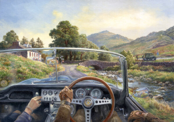 Open edition print by Graham Twyford. Part of the 'Classic driving in The Lakes' series featuring a 1962 MG Roadster. A populat destination in the Lake District Eskdale and Hardknott Pass. This print features the view of the Tarn and a magnificent view of the mountains.