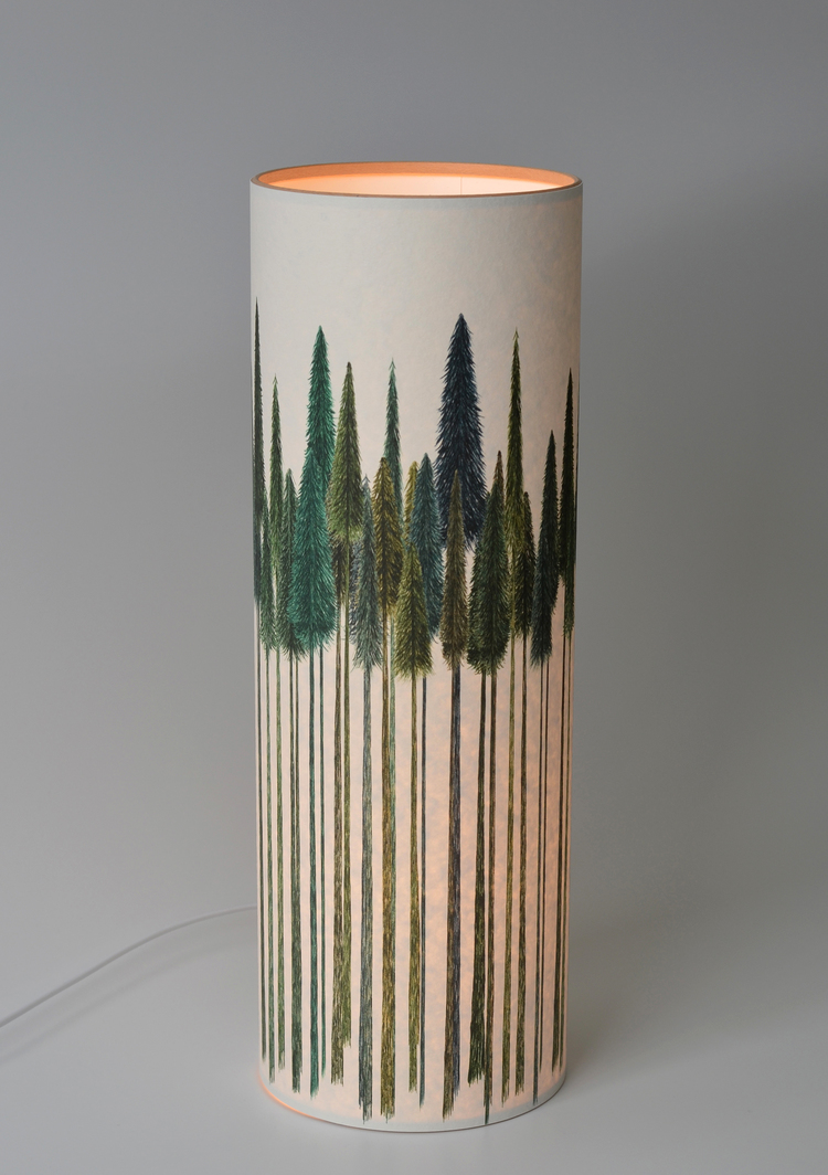 A beautiful illustration of Green Trees by Claire at A Northern Light printed onto parchment paper to create a Floor Lamp