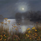 Lake District art print by local artist Jeff Sudders of moonlight over Windermere lake with a robin amongst wildflowers at the shore.