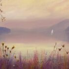 Lake District art print Dawn at Ullswater by local artist Jeff Sudders. Soft yellow sunlight over mountains and lake with a muted colour palette.