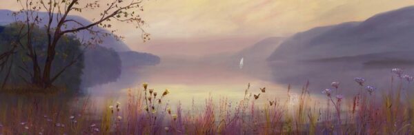 Lake District art print Dawn at Ullswater by local artist Jeff Sudders. Soft yellow sunlight over mountains and lake with a muted colour palette.