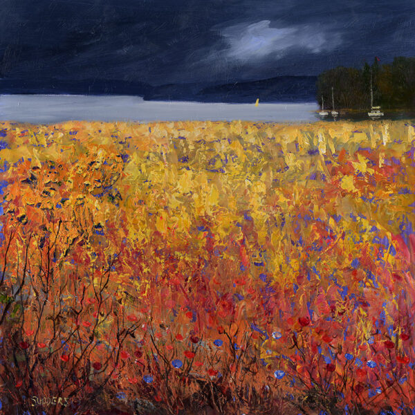 Lake District Art print by Jeff Sudders. A view across an autumn field covered in oranges, reds and purple grasses. View of Lake Windermere from the north end by Ambleside. Some sailing boats are moored on the edge, and Claife Heights are silhouetted against the sky with a hint of cloud.